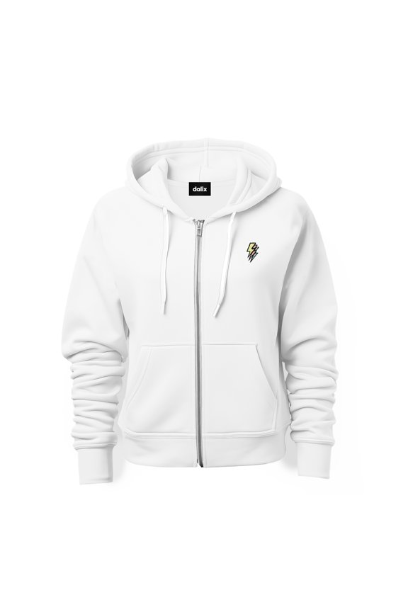 Lightning Bolt Glow in the Dark Embroidered Zip Hoodie Fleece Long Sleeve Pocket Warm Soft Mens in White M Medium