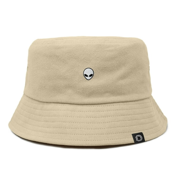 Dalix Lil Alien Embroidered Cotton Bucket Hat Cap Outdoor Space Summer Mens in Sesame Beige S Small
