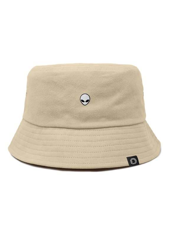 Lil Alien Embroidered Cotton Bucket Hat Cap Outdoor Space Summer Mens in Sesame Beige S Small