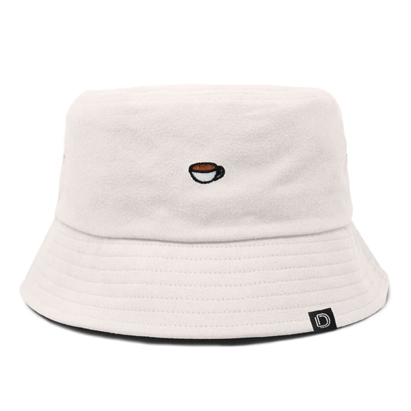 Dalix Lil Coffee Embroidered Cotton Summer Food Outdoor Bucket Hat Womens in Parchment White L Large