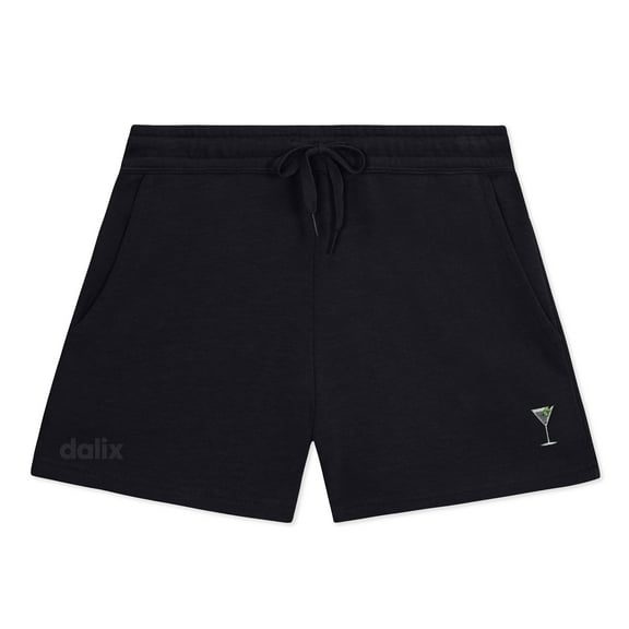 Dalix Martini Embroidered Shorts Washed Soft Fleece Relaxed Drawstring Pocket Fit Lounge Womens in Black XS X-Small