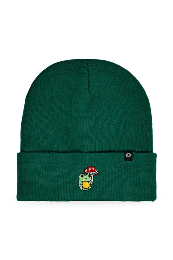 Mushroom Frog Embroidered Beanie Hat Cotton Cute Winter Fall Cap Womens in Green
