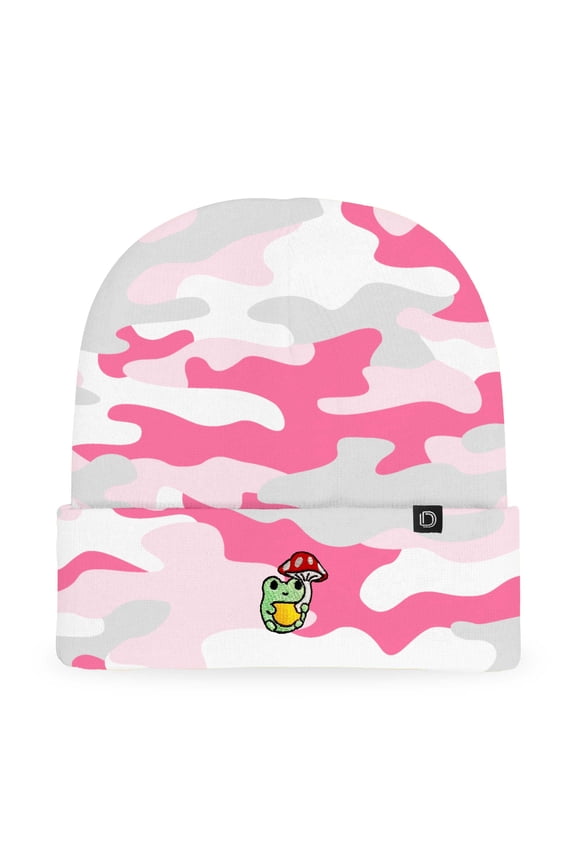 Mushroom Frog Embroidered Beanie Hat Cotton Cute Winter Fall Cap Womens in Pink Camo
