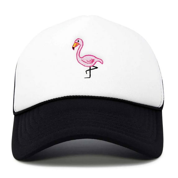 Dalix Pink Flamingo Embroidered Mesh Trucker Hat in Black White
