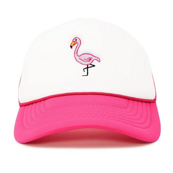 Dalix Pink Flamingo Embroidered Mesh Trucker Hat in Hot Pink White