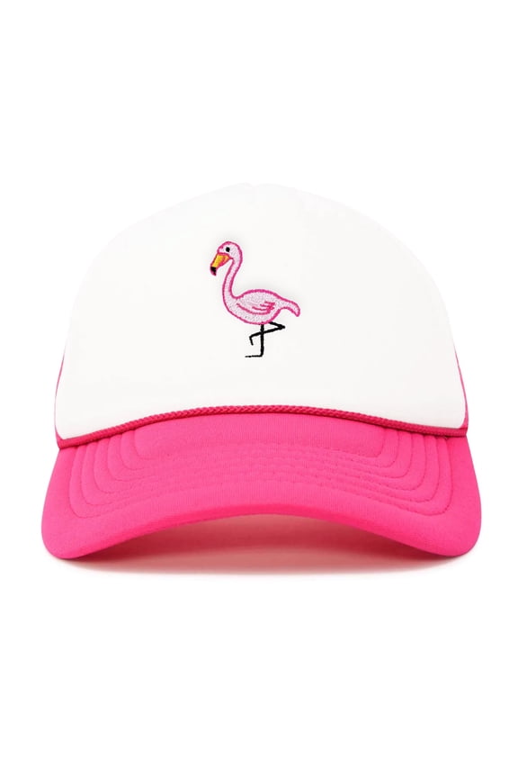Pink Flamingo Embroidered Mesh Trucker Hat in Hot Pink White
