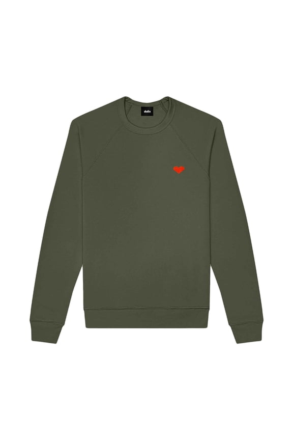 Pixel Heart Embroidered Fleece Crewneck Long Sleeve Sweatshirt Mens in Military Green XL X-Large