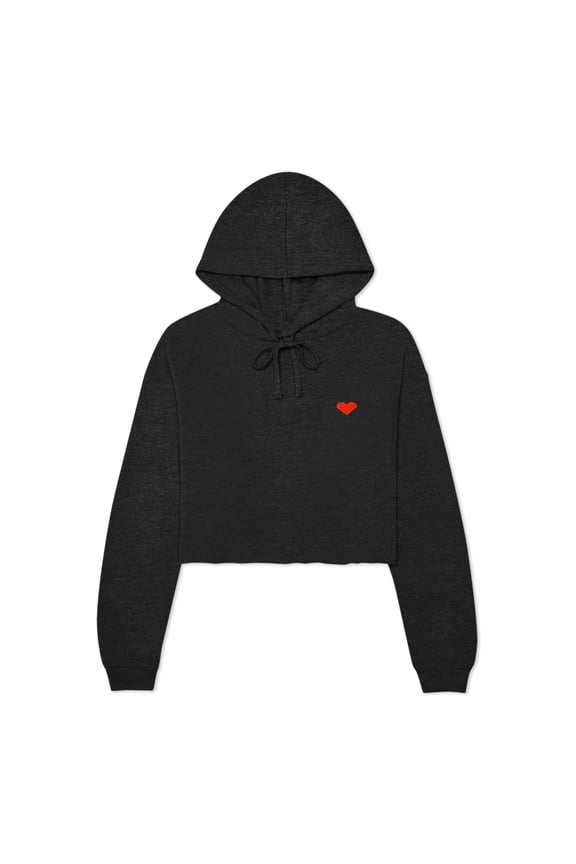 Pixel Heart Embroidered Fleece Cropped Hoodie Cold Fall Winter Women in Dark Heather L Large