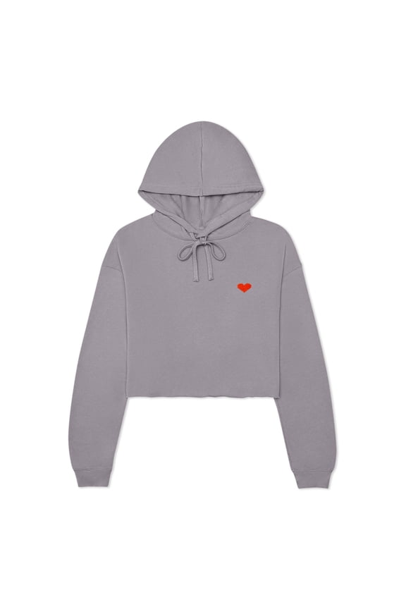 Pixel Heart Embroidered Fleece Cropped Hoodie Cold Fall Winter Women in Storm Gray XL X-Large