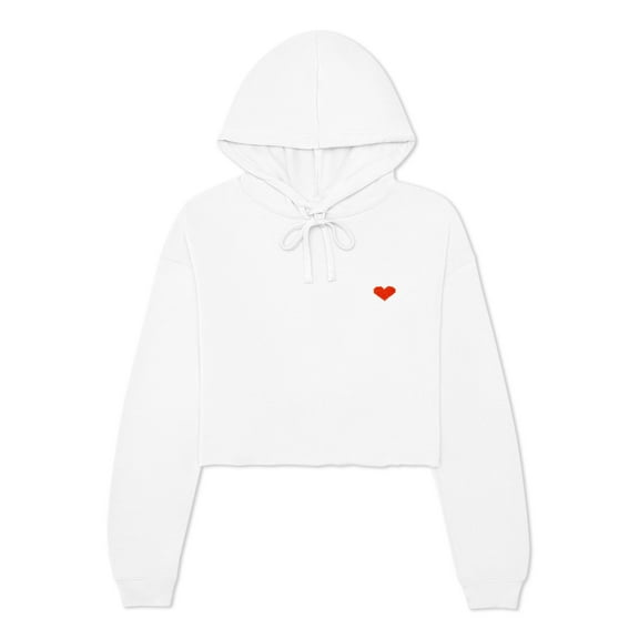 Dalix Pixel Heart Embroidered Fleece Cropped Hoodie Cold Fall Winter Women in White S Small