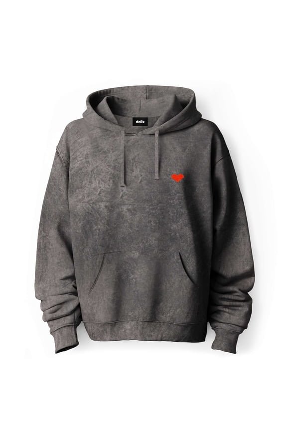 Pixel Heart Embroidered Fleece Hoodie Mineral Wash Long Sleeve Sweatshirt Mens in Gray M Medium