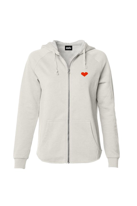 Pixel Heart Embroidered Fleece Zip Washed Hoodie Cold Fall Winter Women in Bone L Large