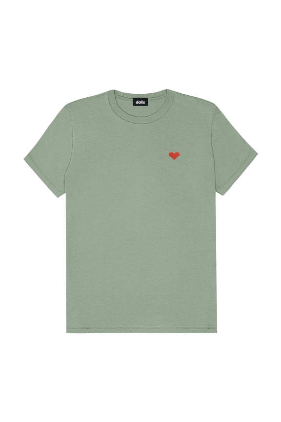 Pixel Heart Embroidered Lightweight Relaxed Jersey Tee Summer Cute Love Womens in Sage M Medium