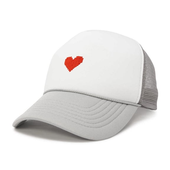 Dalix Pixel Heart Embroidered Valentines Mesh Trucker Hat in Light Gray White