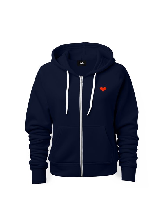 Pixel Heart Embroidered Zip Hoodie Fleece Long Sleeve Pocket Warm Soft Mens in Navy Blue S Small