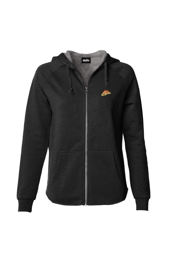Pizza Embroidered Fleece Zip Washed Hoodie Cold Fall Winter Women in Black XL X-Large