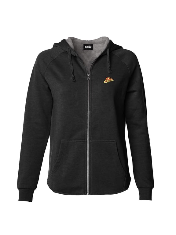 Pizza Embroidered Fleece Zip Washed Hoodie Cold Fall Winter Women in Black XS X-Small