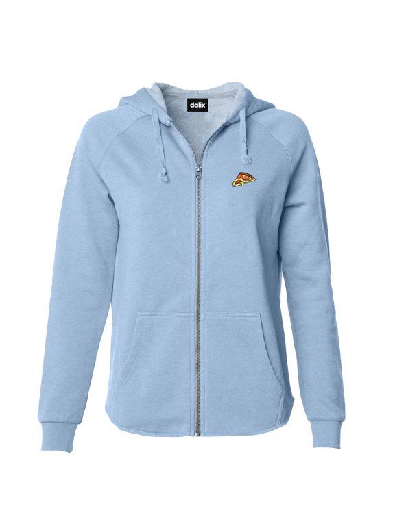 Pizza Embroidered Fleece Zip Washed Hoodie Cold Fall Winter Women in Misty Blue L Large