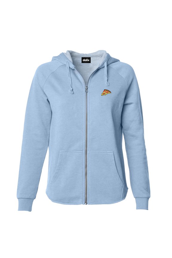 Pizza Embroidered Fleece Zip Washed Hoodie Cold Fall Winter Women in Misty Blue L Large