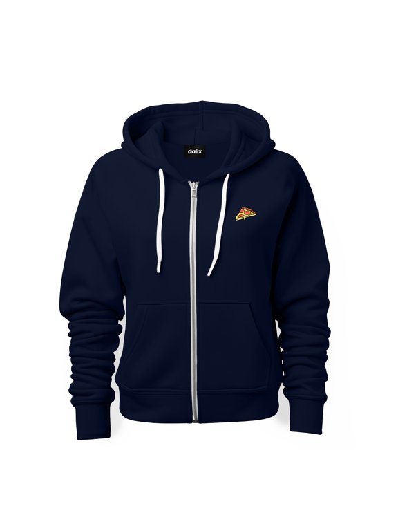 Pizza Embroidered Zip Hoodie Fleece Long Sleeve Pocket Warm Soft Mens in Navy Blue M Medium