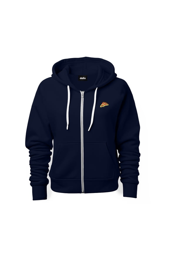 Pizza Embroidered Zip Hoodie Fleece Long Sleeve Pocket Warm Soft Mens in Navy Blue M Medium