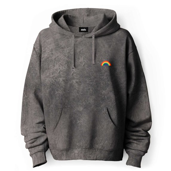Dalix Rainbow Embroidered Fleece Hoodie Mineral Wash Long Sleeve Sweatshirt Mens in Gray S Small