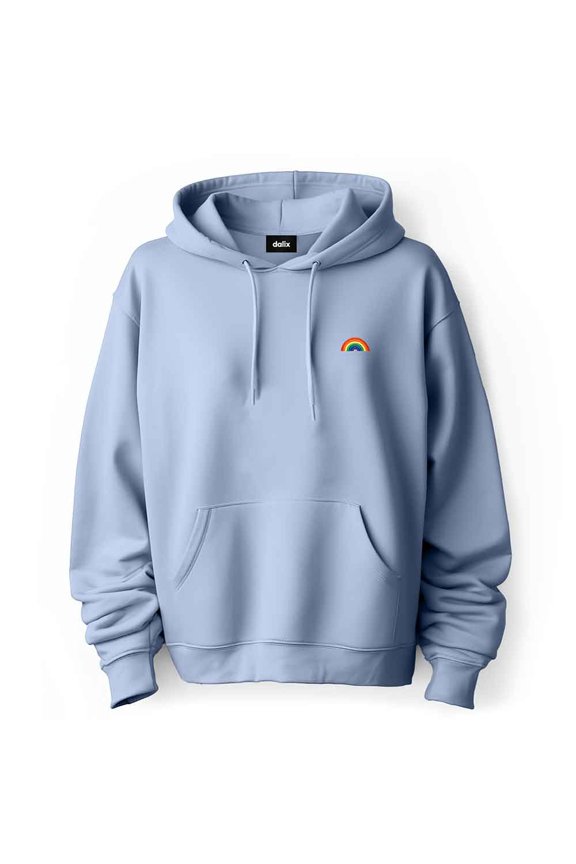 Rainbow Embroidered Fleece Zip Hoodie Cold Fall Winter Mens in Light Blue S Small