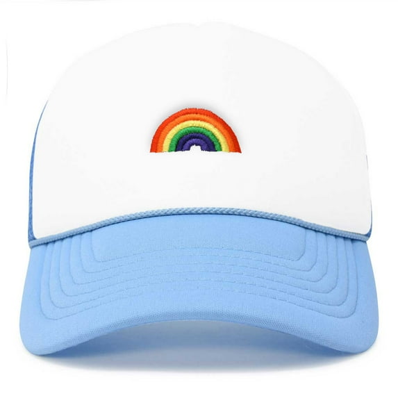 Dalix Rainbow Embroidered Two Tone Trucker Hat in Light Blue White