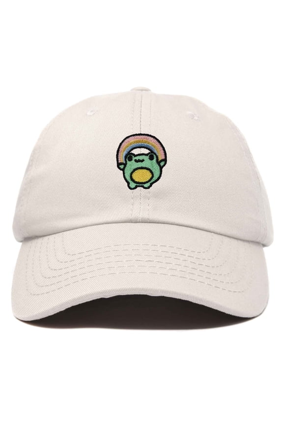 Rainbow Frog Embroidered Womens Cotton Dad Hat Baseball Cap Adjustable in Beige