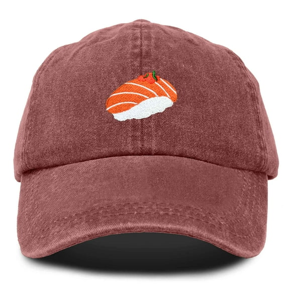 Dalix Salmon Nigiri Embroidered Sushi Cotton Dad Hat Baseball Cap Adjustable Womens in Washed Red
