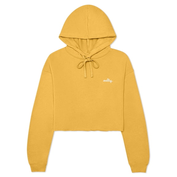 Dalix Salty Embroidery Fleece Hoodie Cropped Long Sleeve Drawstring Fall Spring Womens in Heather Mustard L Large