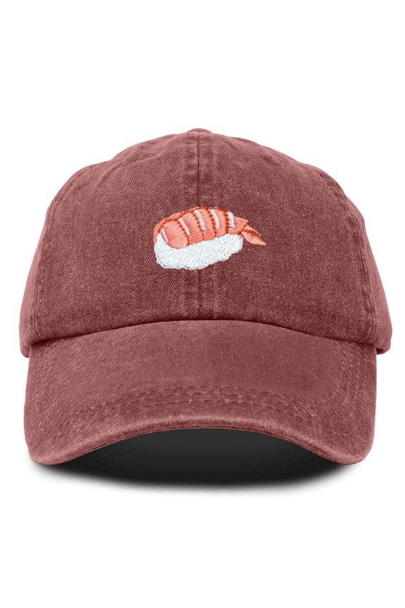 Shrimp Nigiri Embroidered Sushi Cotton Dad Hat Baseball Cap Adjustable Womens in Washed Red
