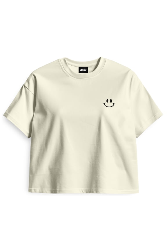 Smile Face Boxy Short Sleeve Tee Relaxed Summer Cotton Garment Dyed Womens in Ivory XL X-Large