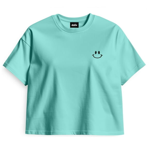 Dalix Smile Face Boxy Short Sleeve Tee Relaxed Summer Cotton Garment Dyed Womens in Mint S Small