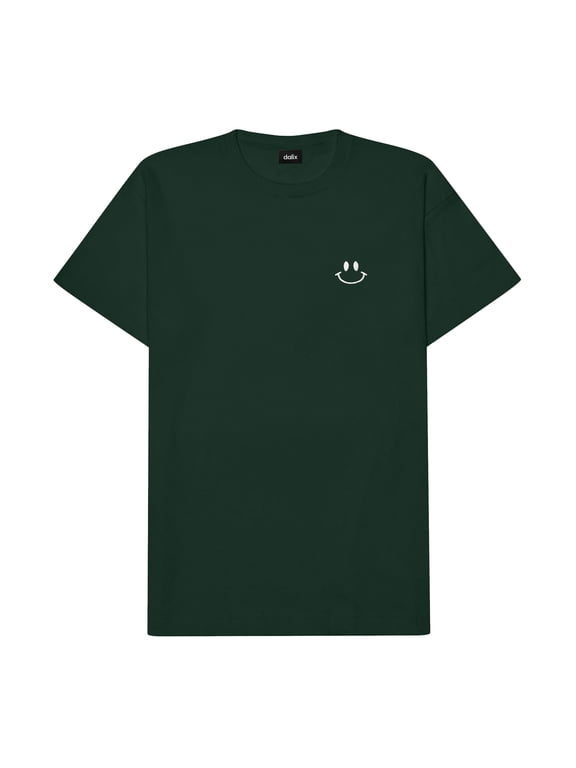 Smile Face Embroidered Cotton Relaxed Boxy Fit Short Sleeve Crewneck Tee Shirt Mens in Forest Green M Medium
