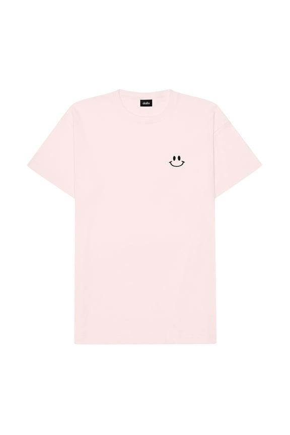Smile Face Embroidered Cotton Relaxed Boxy Fit Short Sleeve Crewneck Tee Shirt Mens in Pink L Large