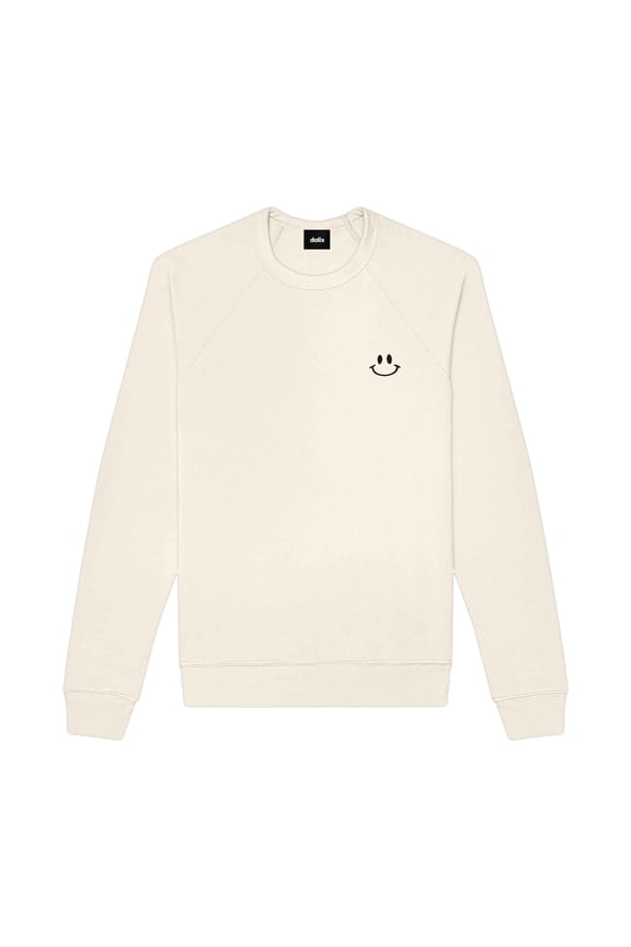 Smile Face Embroidered Fleece Crewneck Long Sleeve Sweatshirt Mens in Natural XL X-Large