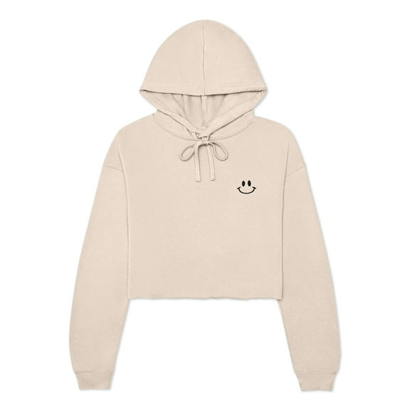 Dalix Smile Face Embroidered Fleece Cropped Hoodie Cold Fall Winter Women in Heather Dust L Large