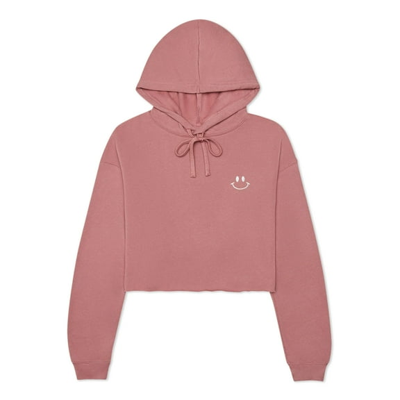 Dalix Smile Face Embroidered Fleece Cropped Hoodie Cold Fall Winter Women in Mauve M Medium