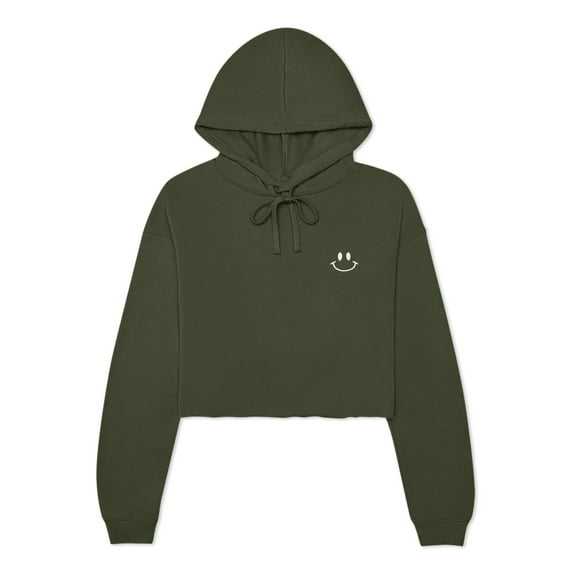 Dalix Smile Face Embroidered Fleece Cropped Hoodie Cold Fall Winter Women in Military Green L Large