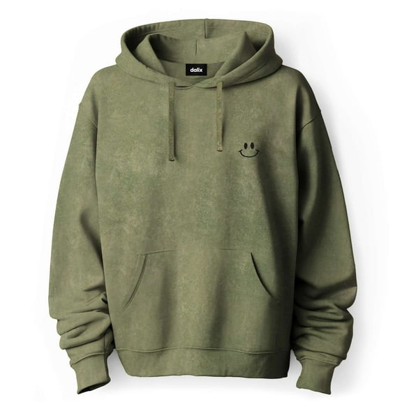 Dalix Smile Face Embroidered Fleece Hoodie Mineral Wash Long Sleeve Sweatshirt Mens in Olive L Large