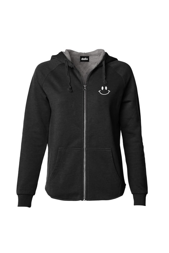 Smile Face Embroidered Fleece Zip Washed Hoodie Cold Fall Winter Women in Black L Large