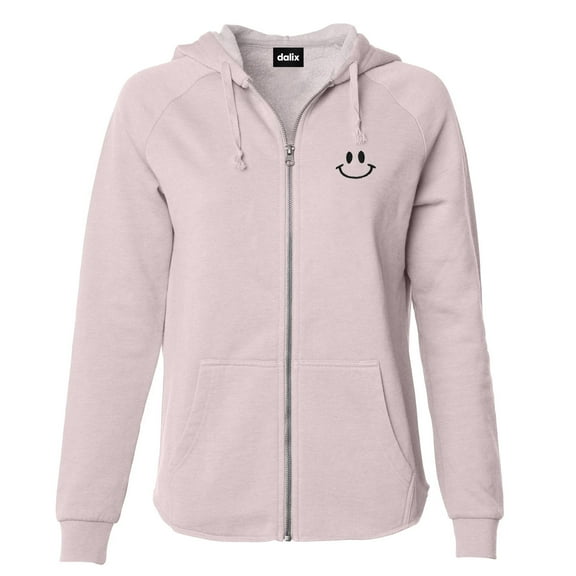Dalix Smile Face Embroidered Fleece Zip Washed Hoodie Cold Fall Winter Women in Blush XS X-Small