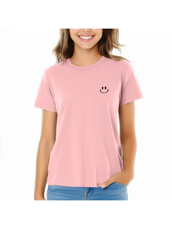 Smile Face Embroidered Soft Cotton Short Sleeve T Shirt Womens in Pink M Medium
