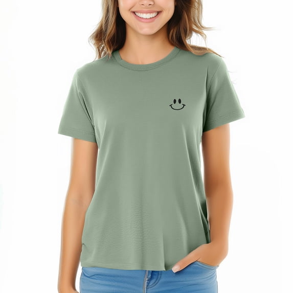 Dalix Smile Face Embroidered Soft Cotton Short Sleeve T Shirt Womens in Sage S Small