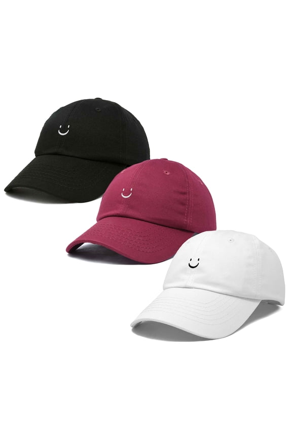Smiley Face 3 Pack Dad Cap Embroidered Cotton Adjustable Baseball Hat Adult Men Womenin Black, Maroon, and White