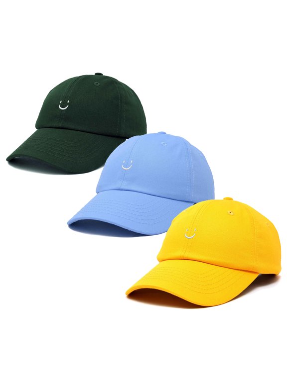 Smiley Face 3 Pack Dad Cap Embroidered Cotton Adjustable Baseball Hat Adult Men Womenin Dark Green, Light Blue, and Gold