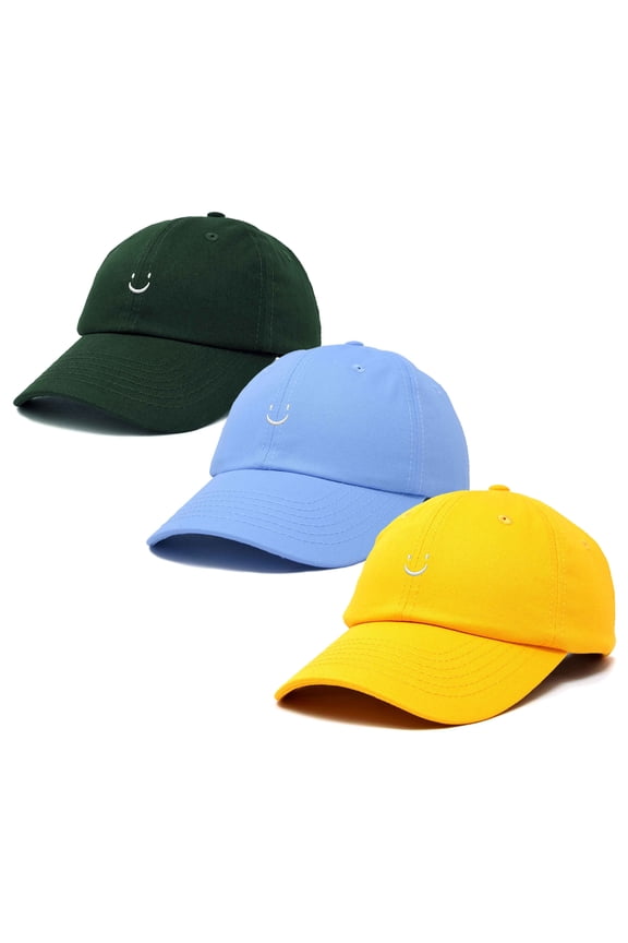 Smiley Face 3 Pack Dad Cap Embroidered Cotton Adjustable Baseball Hat Adult Men Womenin Dark Green, Light Blue, and Gold