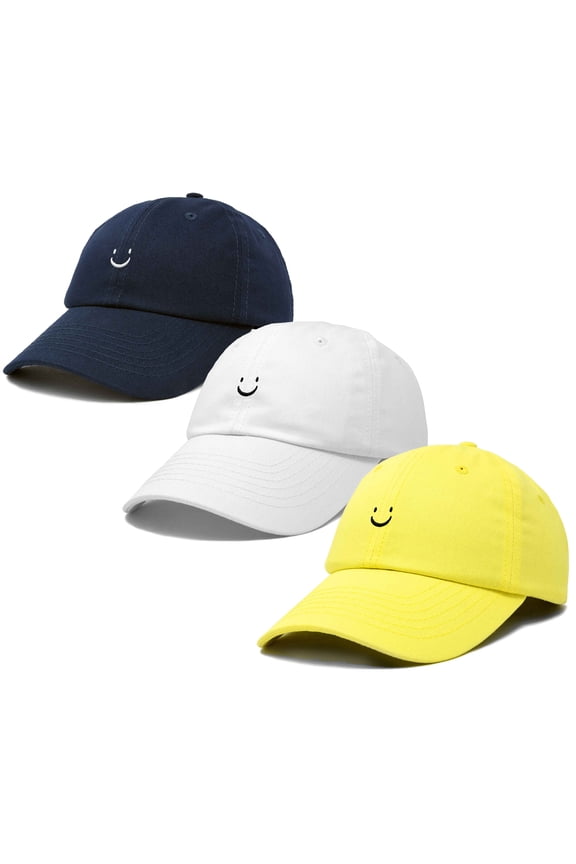 Smiley Face 3 Pack Dad Cap Embroidered Cotton Adjustable Baseball Hat Adult Men Womenin Navy Blue, White, and Yellow