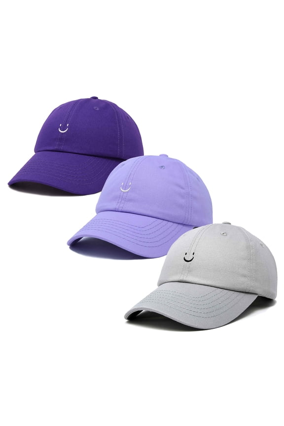 Smiley Face 3 Pack Dad Cap Embroidered Cotton Adjustable Baseball Hat Adult Men Womenin Purple, Lavender, and Gray